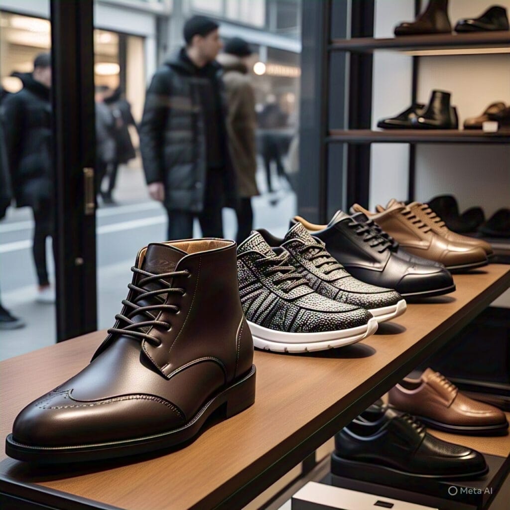 Winter footwear styles for men including Chelsea boots, oxfords, and designer sneakers