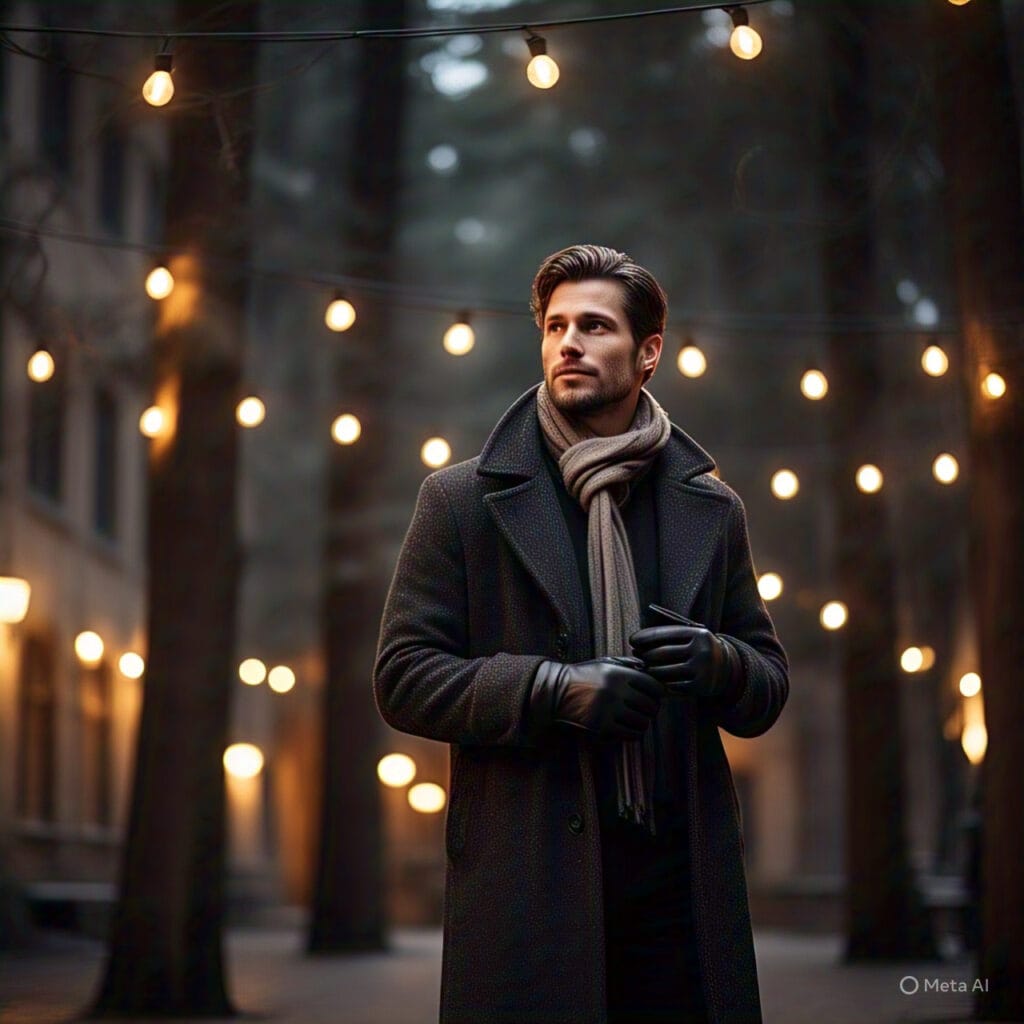 All-black winter evening wear for men with stylish layering and texture contrast