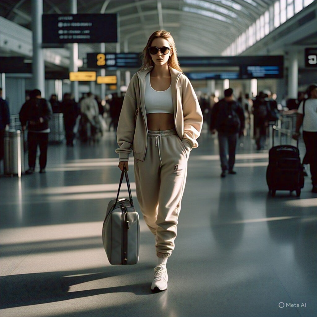 Kendall Jenner athleisure look with track suit, crop top, and retro sunglasses for travel-ready style.