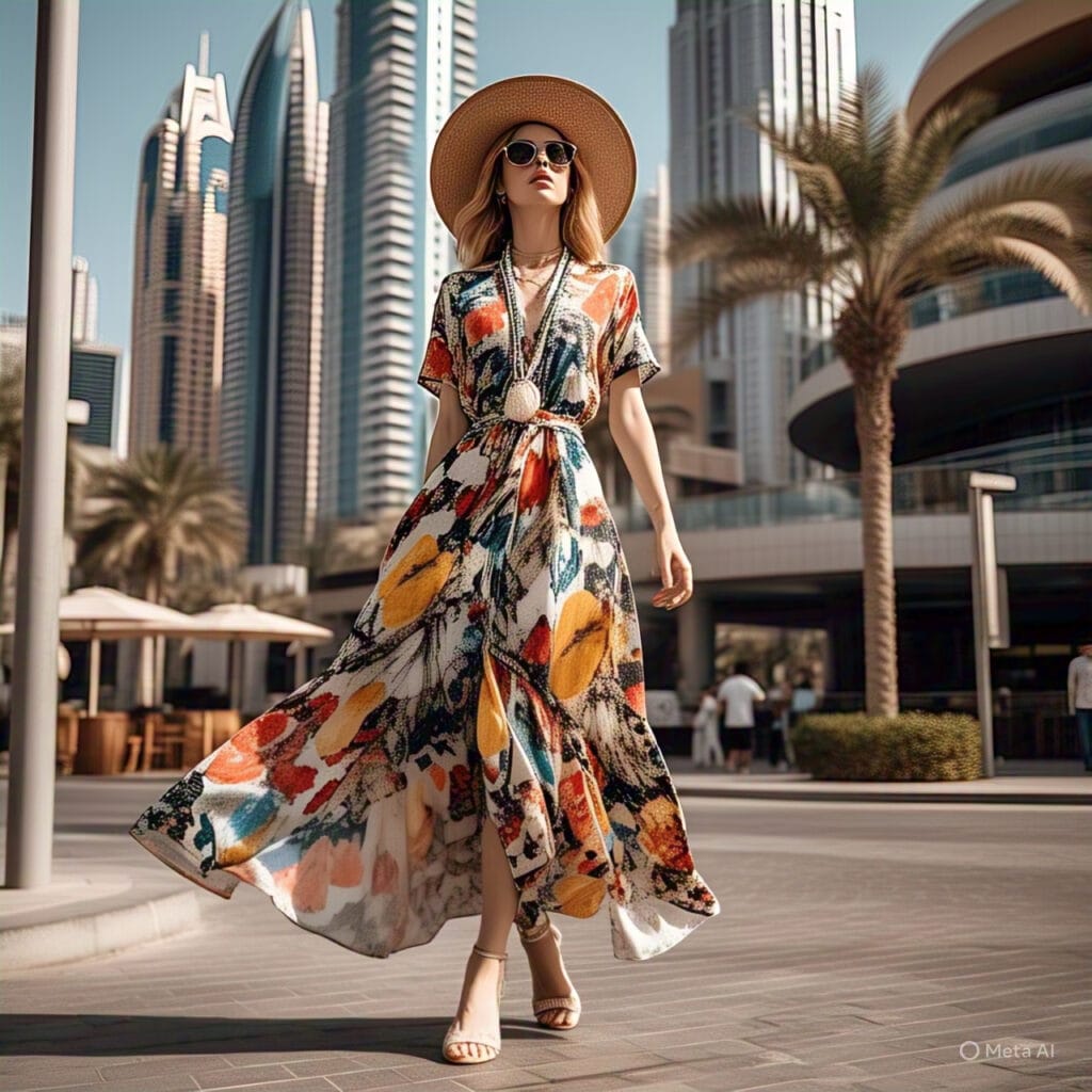 woman wearing maxi dress and bucket hat, Dubai street style