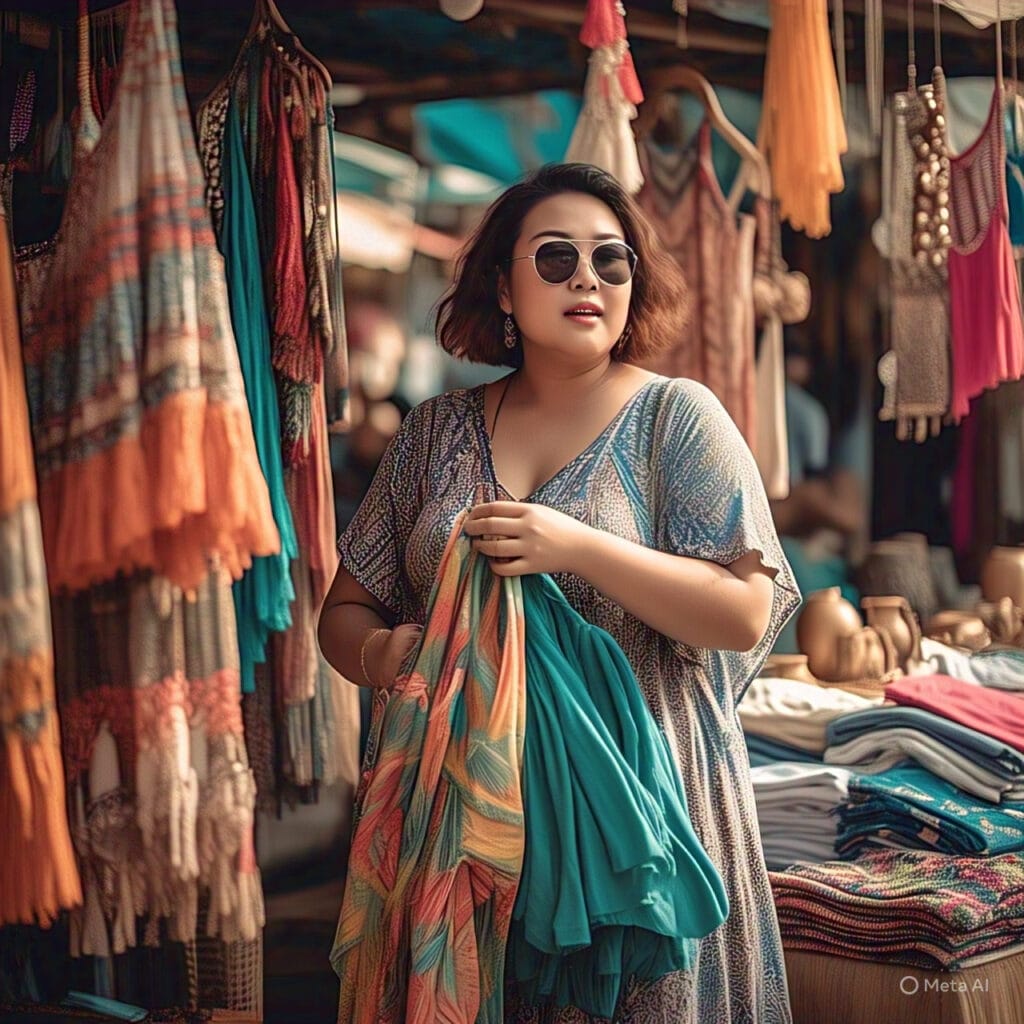 Plus-size woman shopping for affordable summer outfits at a Goa flea market.