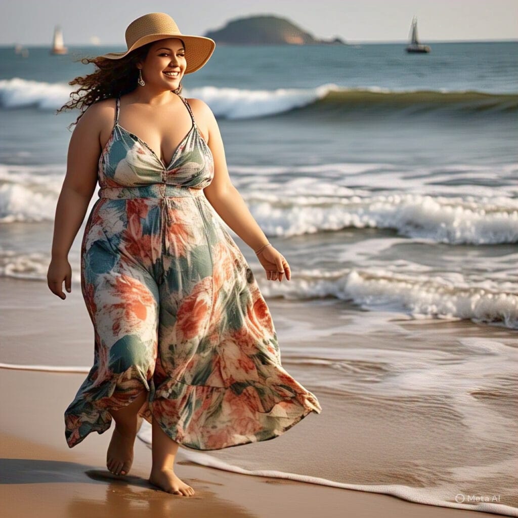 Plus-size woman in a flowy floral maxi dress enjoying a beach day in Goa.