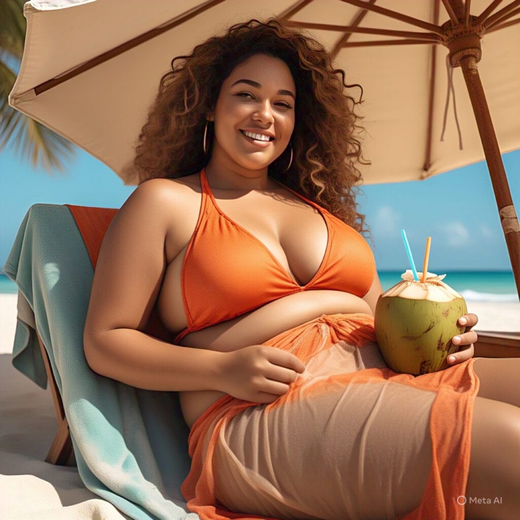Plus-size woman lounging on a Goan beach in a bikini and sarong.