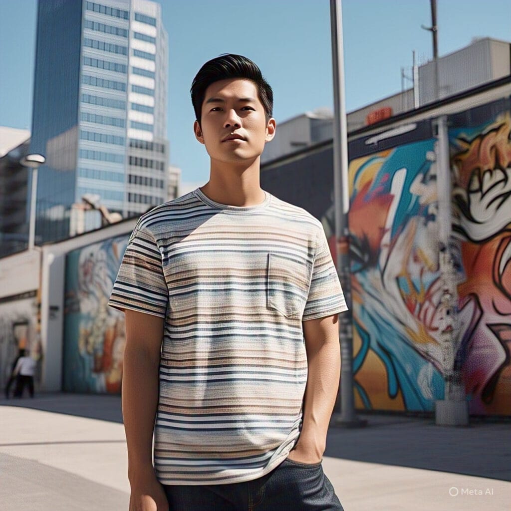 Slim male model in horizontal-striped t-shirt adding dimension to slender frame