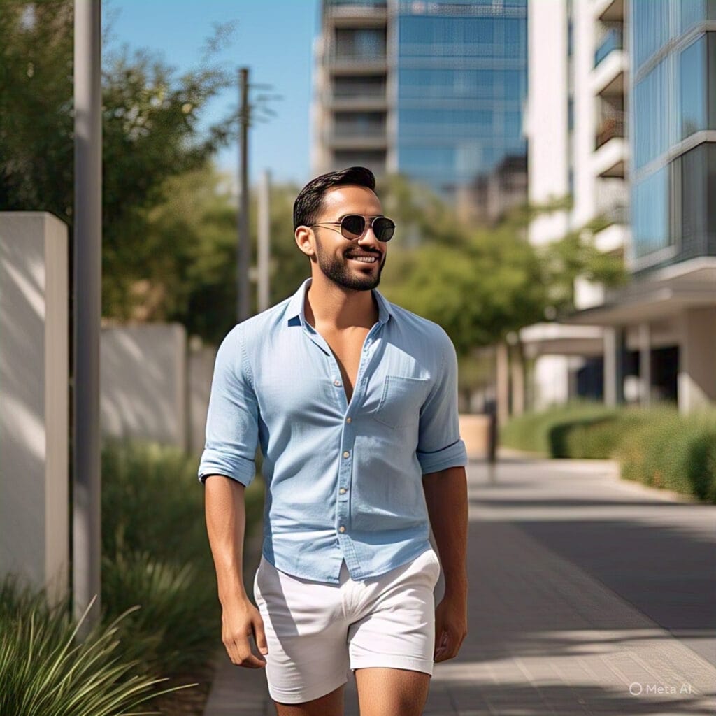 Confident slim male walking in a well-styled summer outfit outdoors"