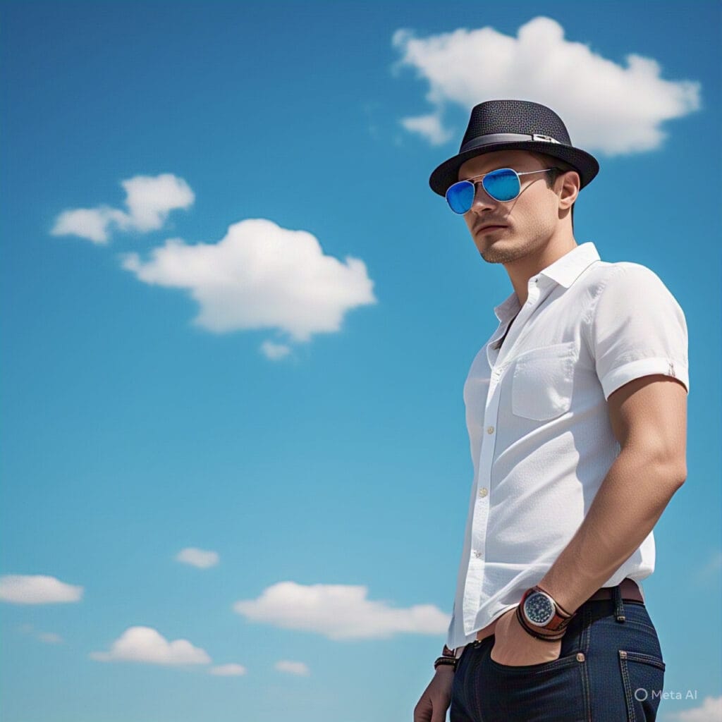 Slim man accessorized with sunglasses, watch, and summer hat for added flair