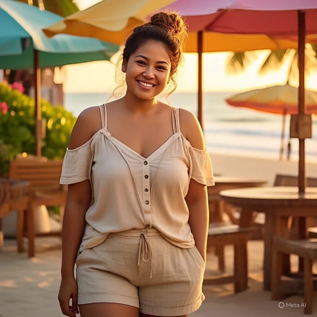 Plus-size woman wearing a casual summer top styled for a relaxed Goa look.