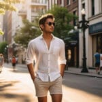 Stylish slim man in a smart casual summer outfit walking confidently on a sunny street