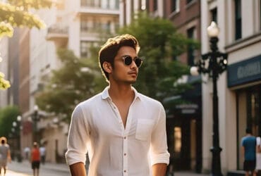 Stylish slim man in a smart casual summer outfit walking confidently on a sunny street