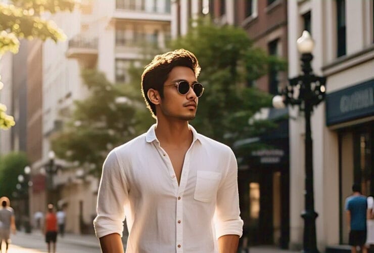 Stylish slim man in a smart casual summer outfit walking confidently on a sunny street