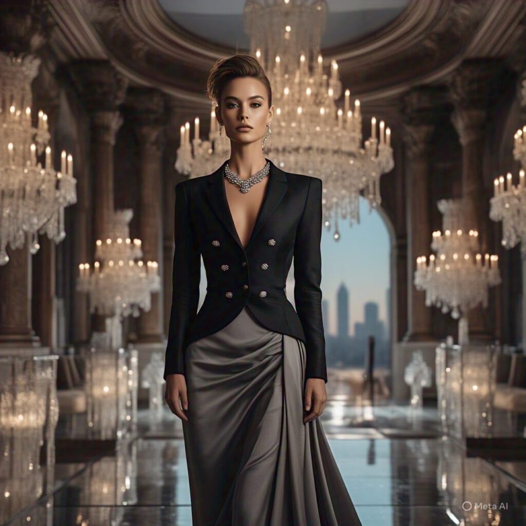 Black fitted blazer over a flowing evening gown for formal wedding guest look