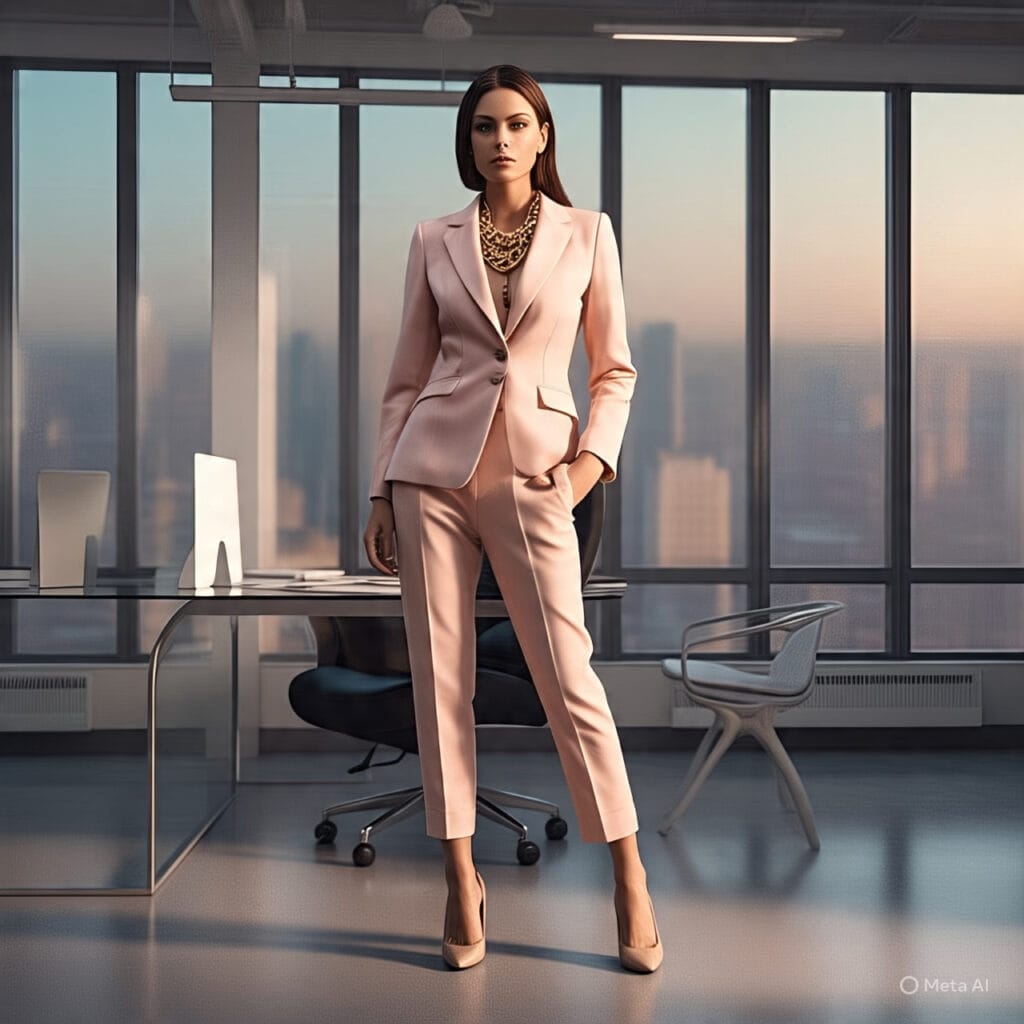 Zendaya-style monochrome suit with fitted blazer and trousers, nude heels, and gold accessories for a bold, polished look.