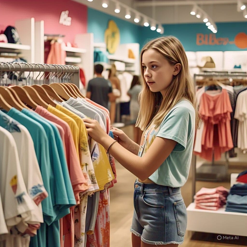 Teen girl shopping summer fashion on a budget at a clothing store
