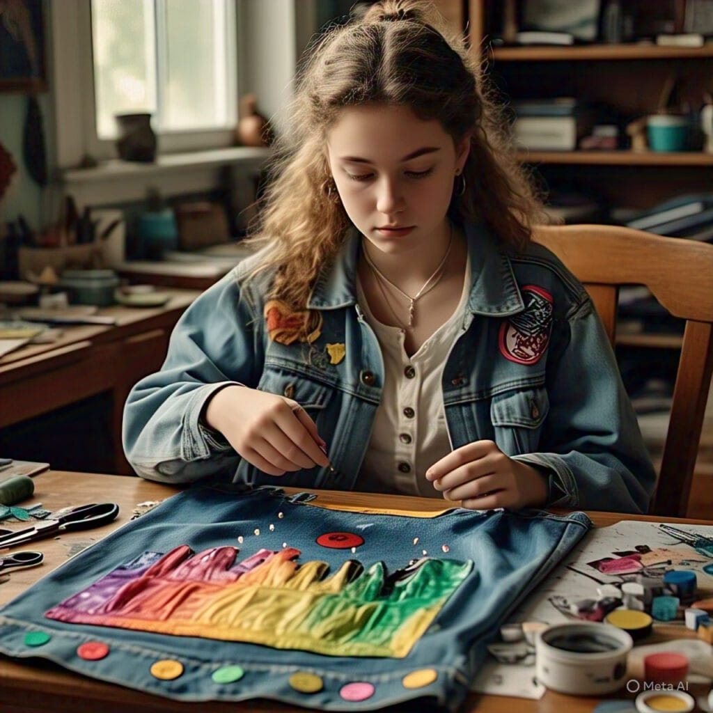 Teen girl customizing her summer outfit with DIY denim jacket art