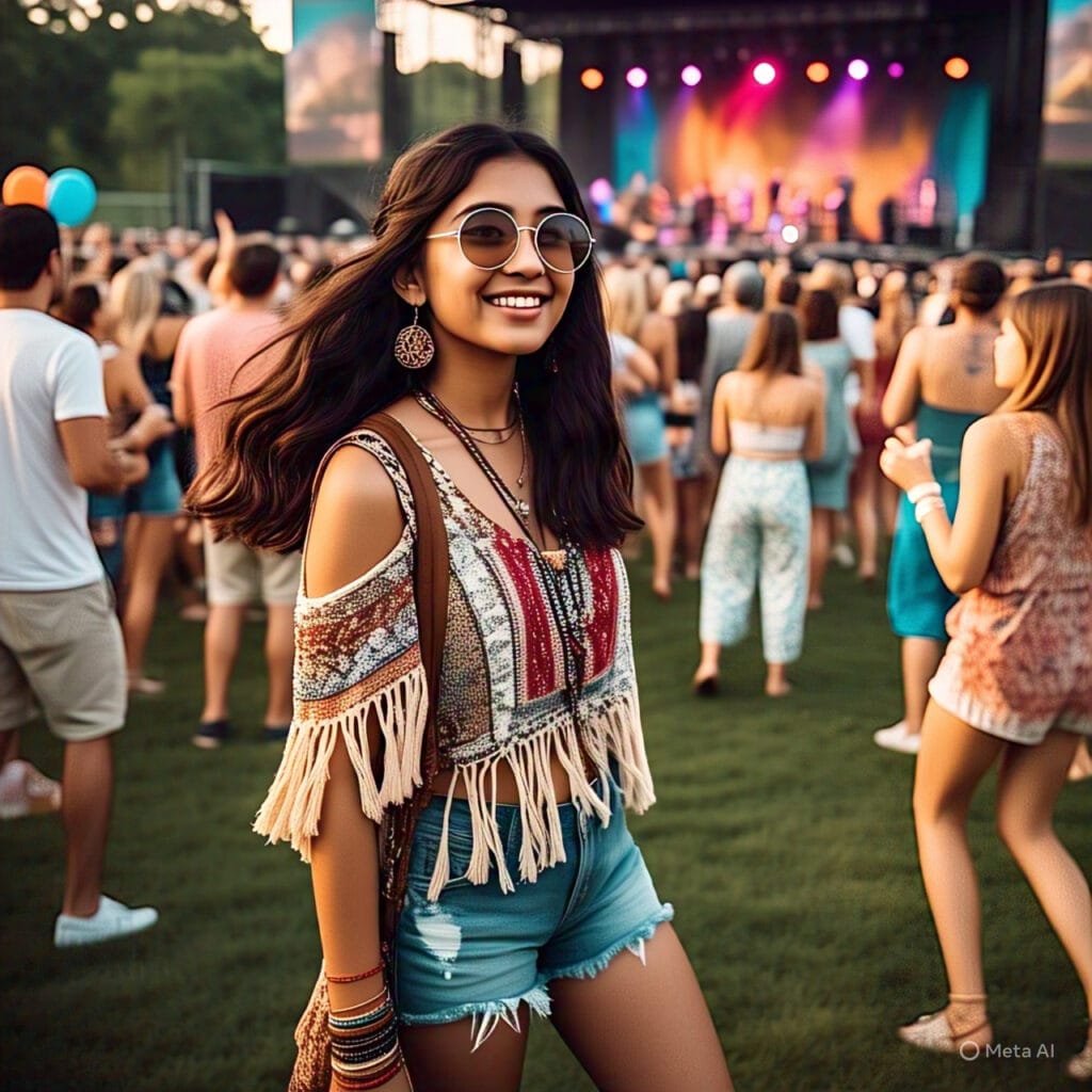 Boho-inspired teen festival outfit with fringe vest and denim shorts