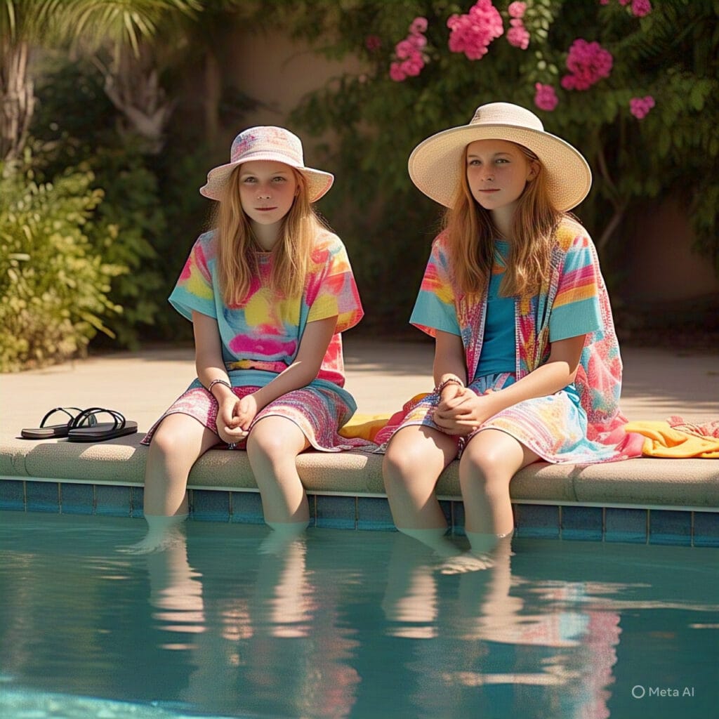 Cute teen beachwear with swimsuits and sun hats at a pool party