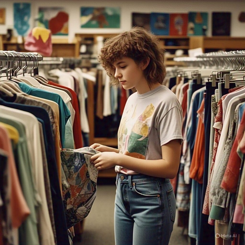 Eco-conscious summer fashion for teens shopping at a thrift store