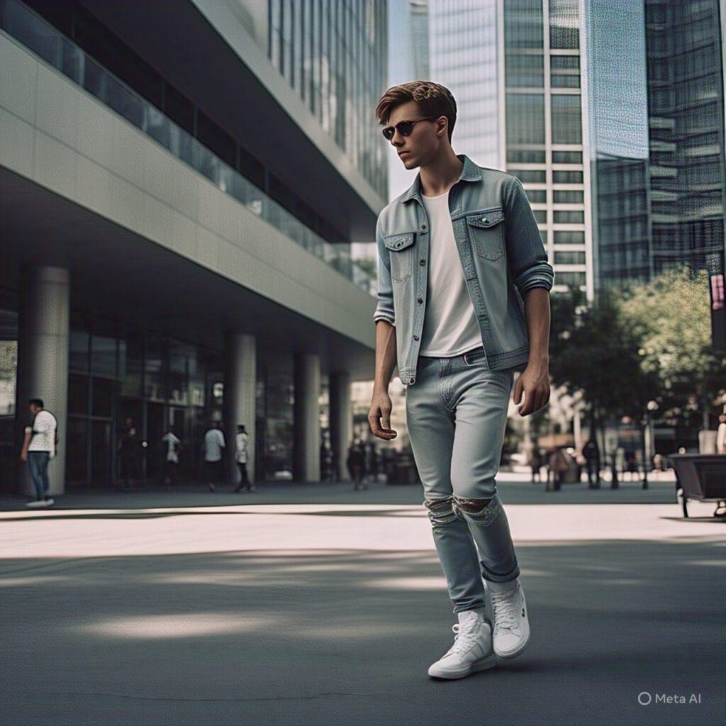 Timothée Chalamet-inspired casual outfit with white t-shirt, relaxed denim jeans, and statement sneakers.