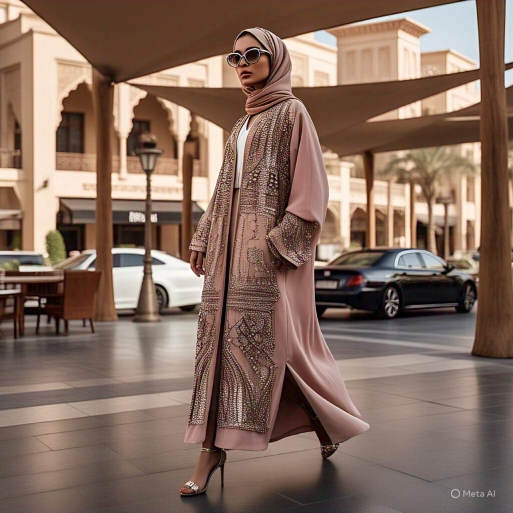 woman in designer abaya and slides, outfit ideas Dubai street style for ladies