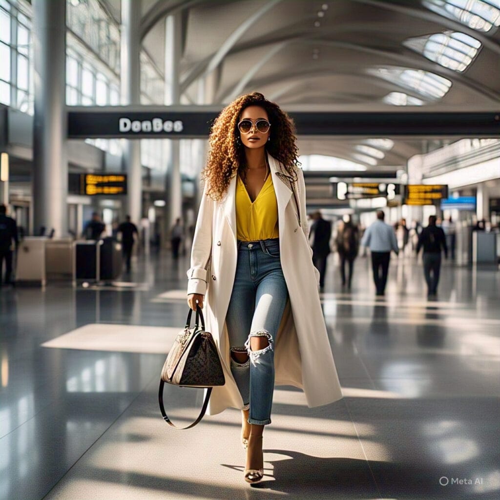 woman in travel outfit Dubai street style