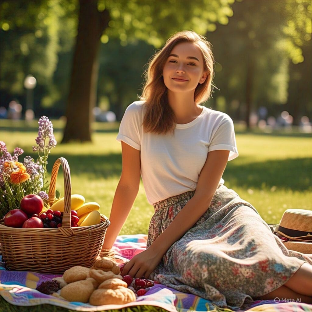 Woman wearing a breathable midi skirt and casual tee, enjoying a summer picnic – comfortable and cute date outfit idea.