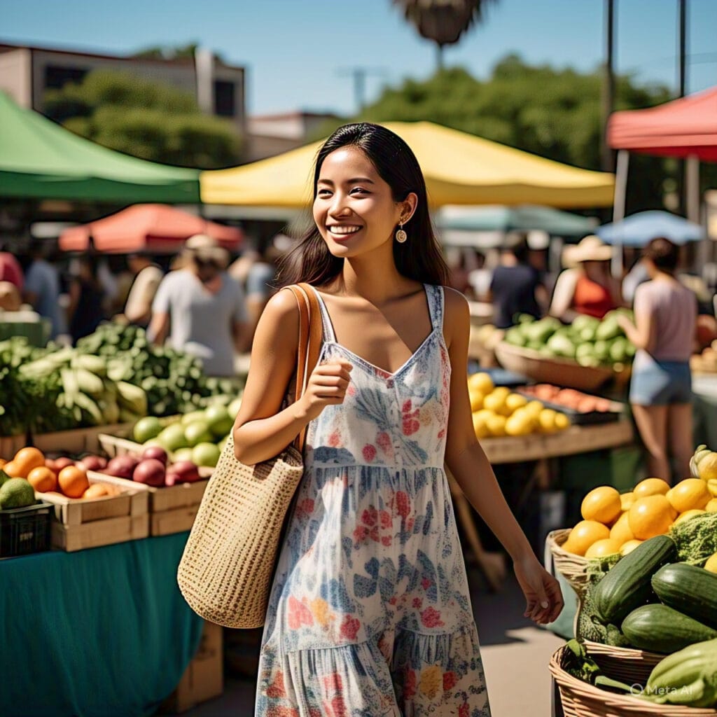 Chic and casual summer outfit for a farmers market stroll – breezy sundress and cute accessories for daytime dating.