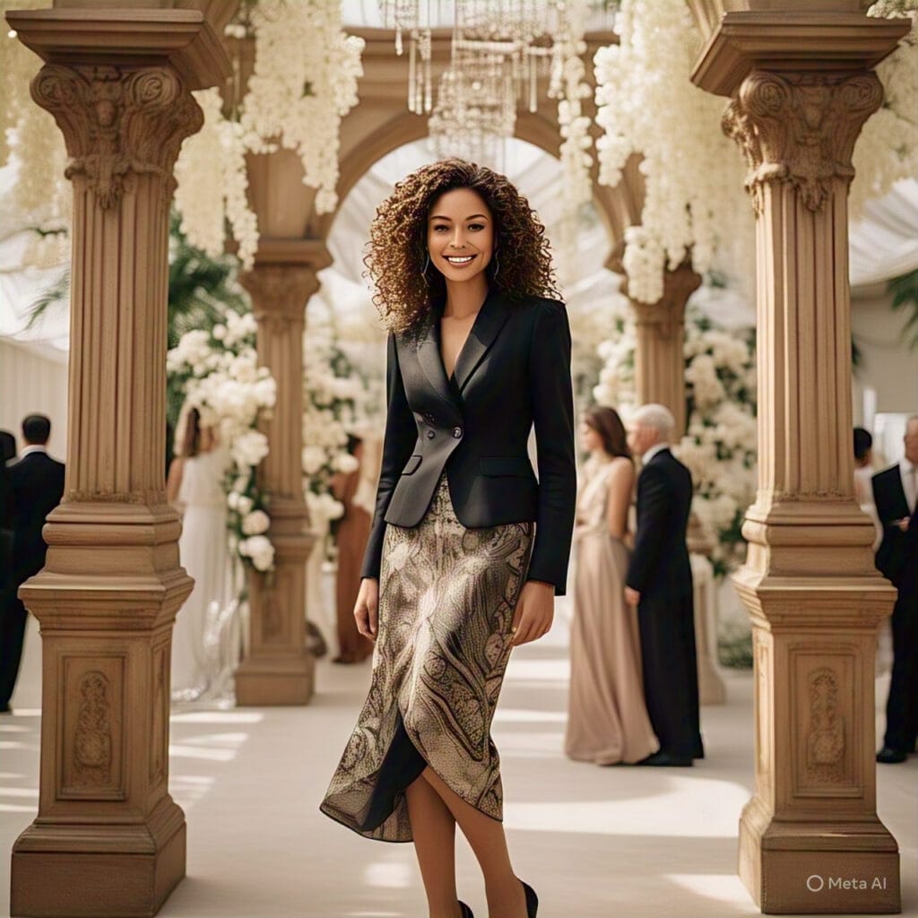 Black blazer and high-waisted silk midi skirt wedding guest look