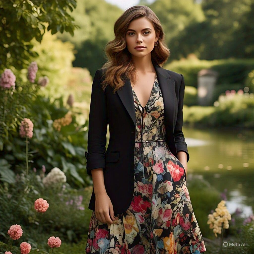 Wedding guest wearing tailored black blazer over a floral midi dress