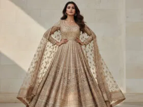 Indian woman wearing a luxury outfit in neutral tones, modern Indian fashion editorial style