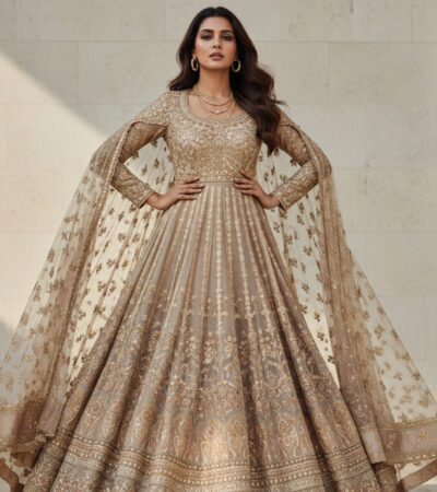 Indian woman wearing a luxury outfit in neutral tones, modern Indian fashion editorial style