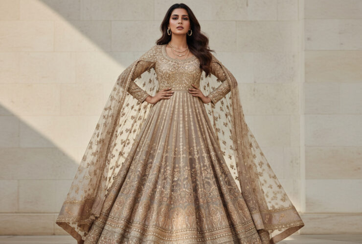 Indian woman wearing a luxury outfit in neutral tones, modern Indian fashion editorial style